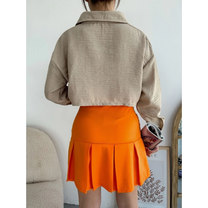 Crop Keten Gömlek-BEJ