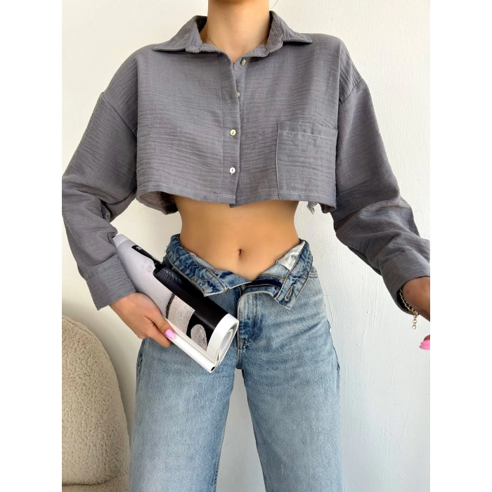 Crop Keten Gömlek-GRİ