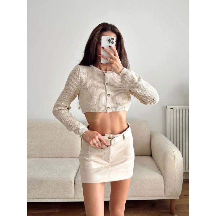 Crop Triko Hırka - BEJ