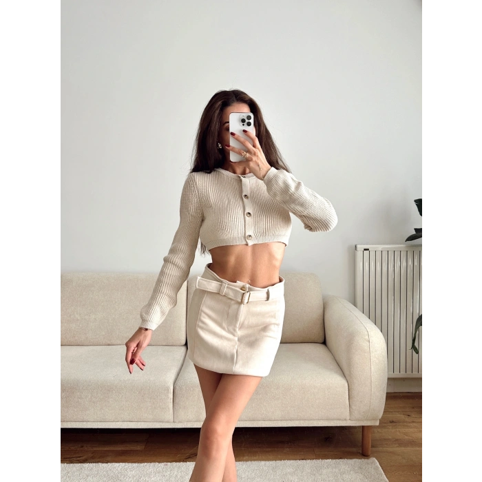 Crop Triko Hırka - BEJ