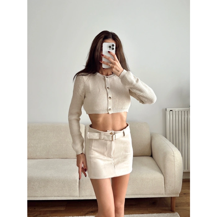 Crop Triko Hırka - BEJ