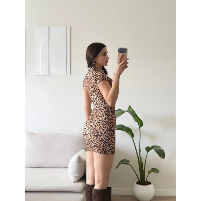 Damla Dekolte Mini Elbise - LEOPAR
