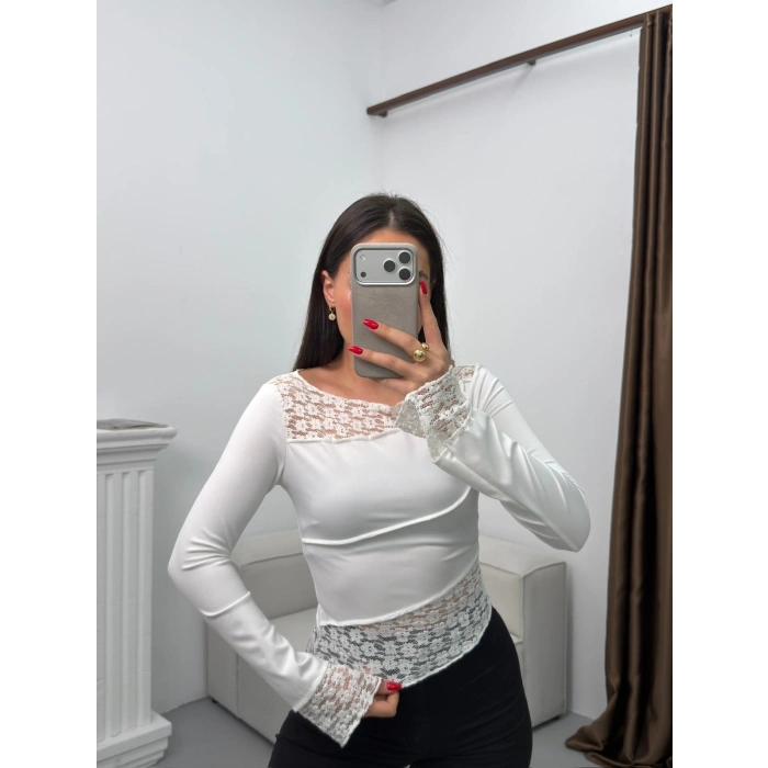 Dantel Detay Asimetrik Bluz - BEYAZ