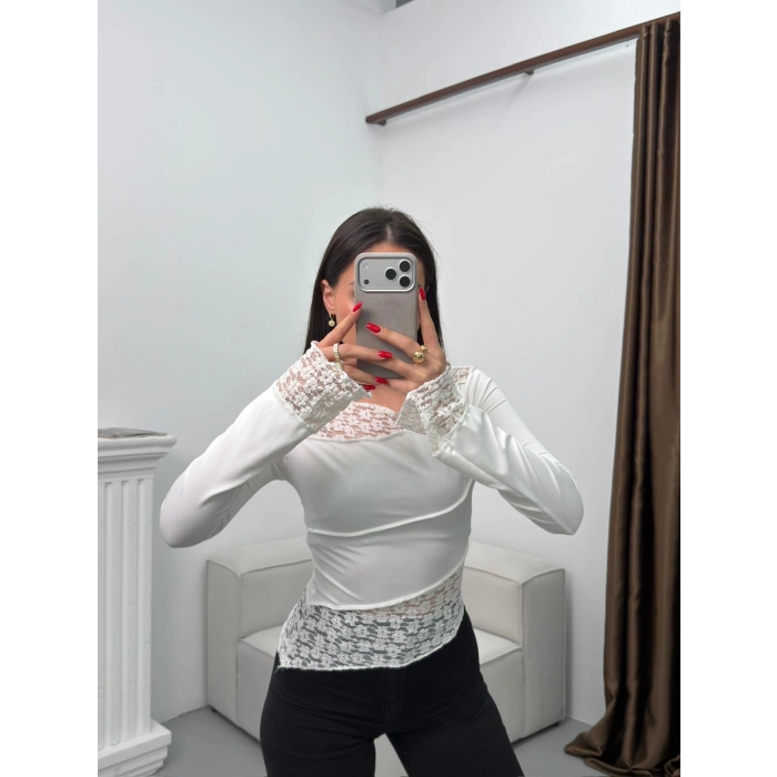 Dantel Detay Asimetrik Bluz - BEYAZ