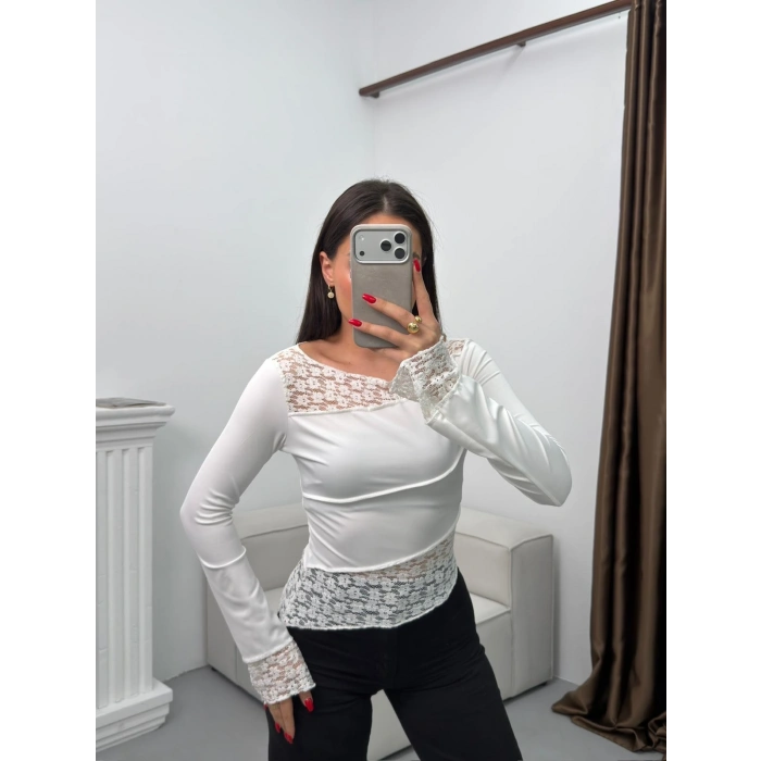 Dantel Detay Asimetrik Bluz - BEYAZ