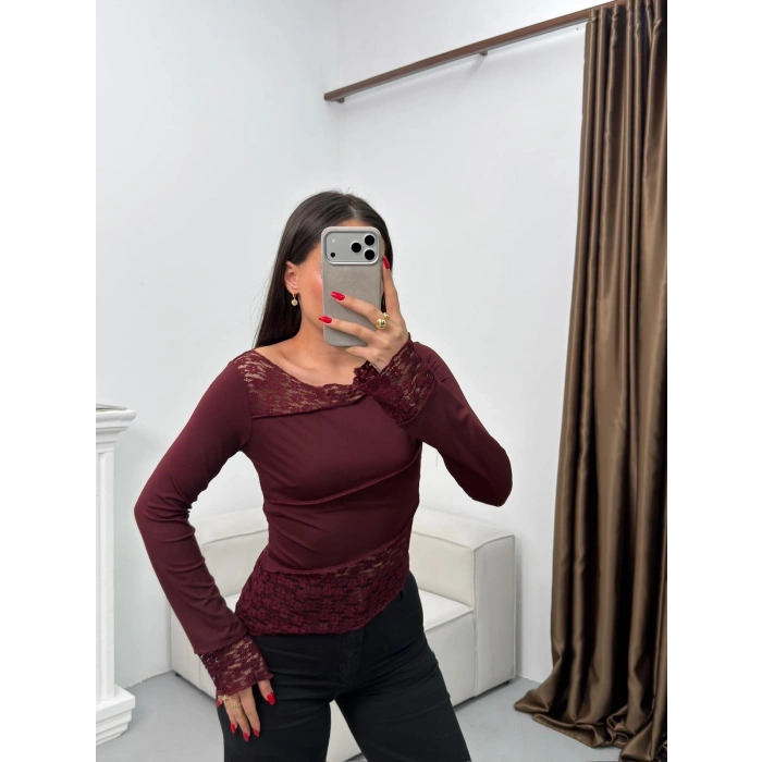 Dantel Detay Asimetrik Bluz - BORDO