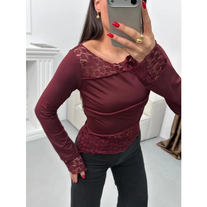 Dantel Detay Asimetrik Bluz - BORDO