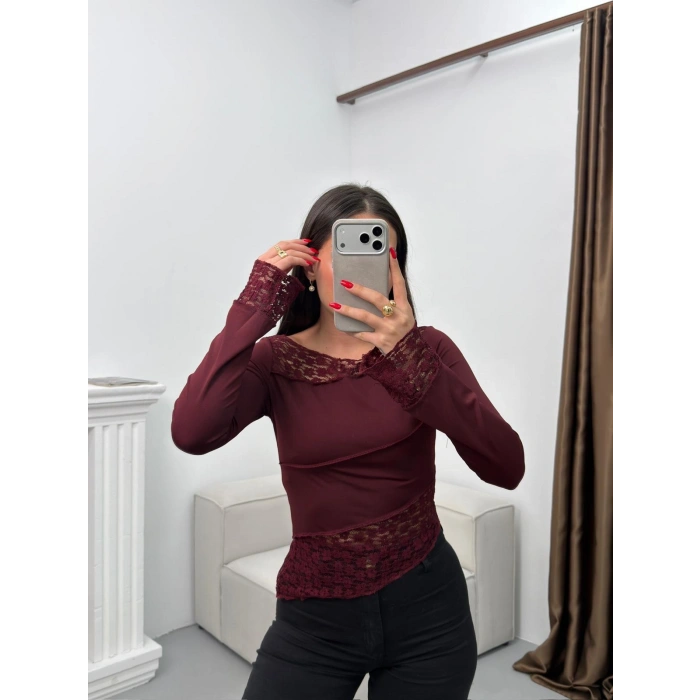 Dantel Detay Asimetrik Bluz - BORDO