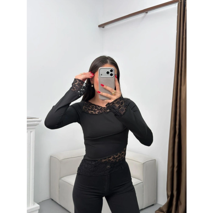 Dantel Detay Asimetrik Bluz - SİYAH