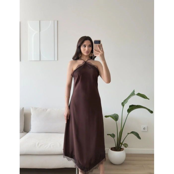 Dantel Detay Saten Elbise - KAHVE