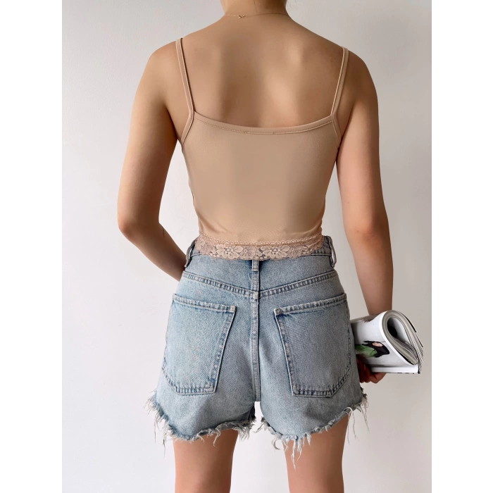 Dantel Detay Askılı Crop-BEJ