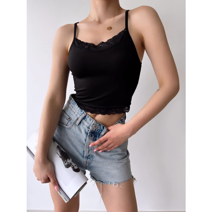 Dantel Detay Askılı Crop-SİYAH