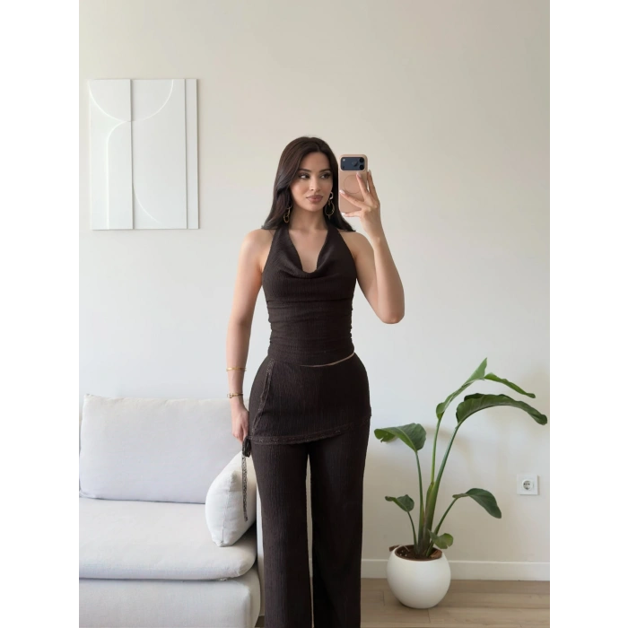Halter Yaka Şal Detay Takım- KAHVE