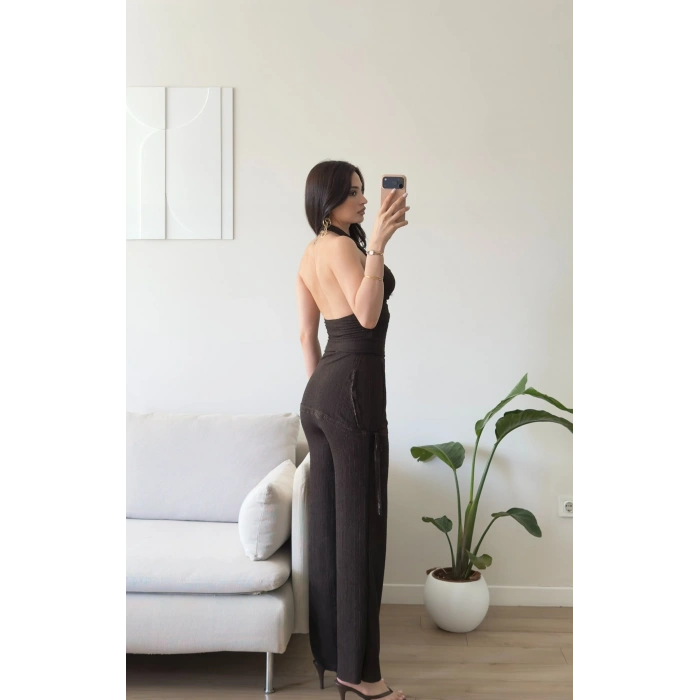 Halter Yaka Şal Detay Takım- KAHVE