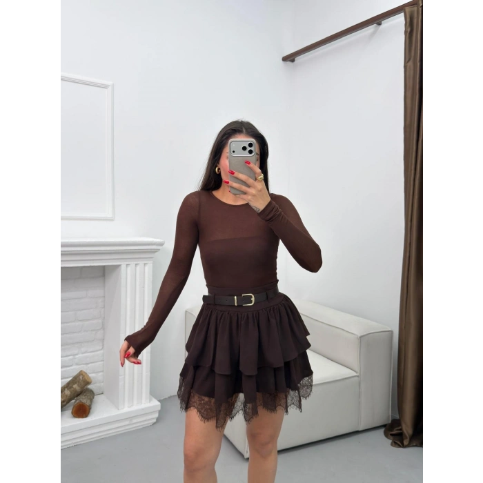 Dantel Detay Kemerli ETek - KAHVE