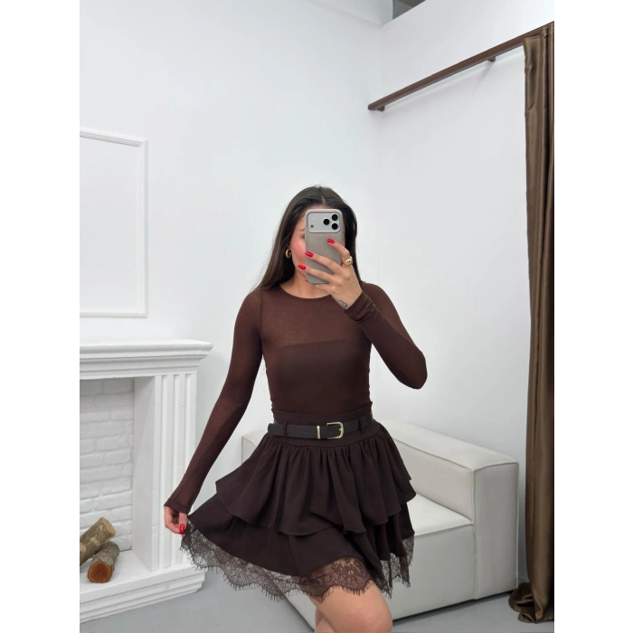 Dantel Detay Kemerli ETek - KAHVE
