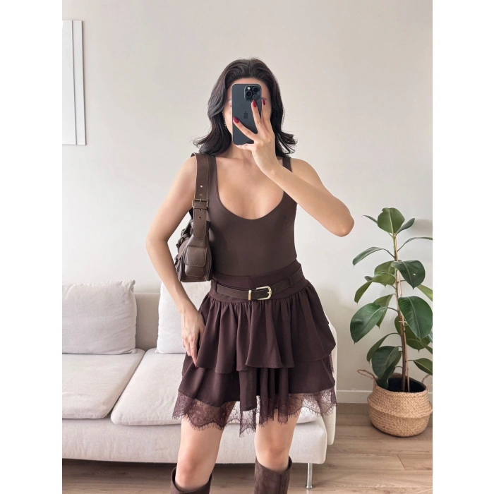 Dantel Detay Kemerli Etek - KAHVE