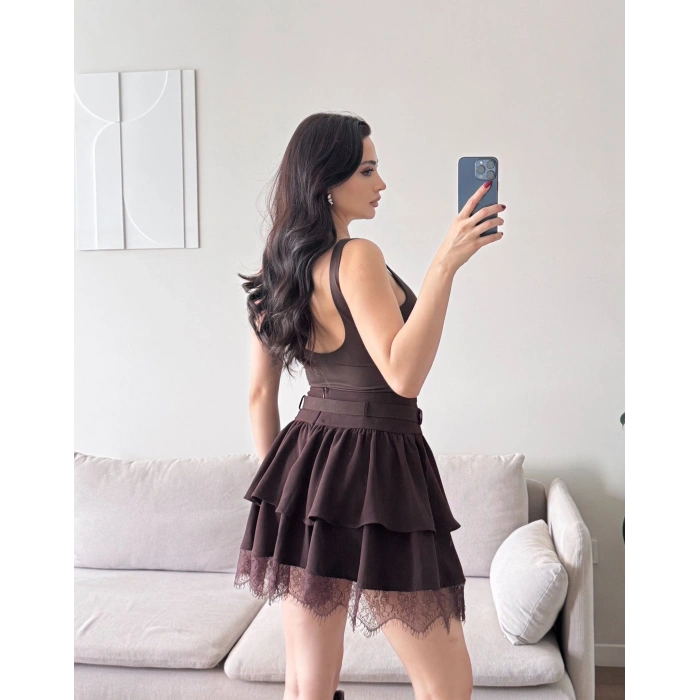 Dantel Detay Kemerli Etek - KAHVE