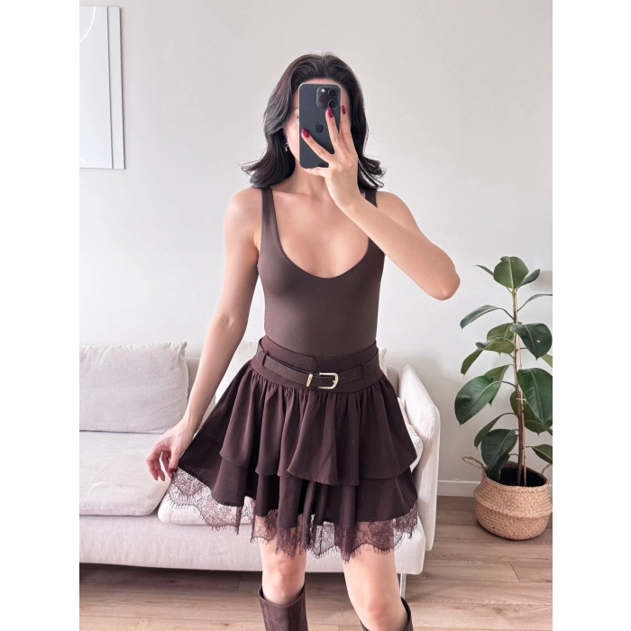 Dantel Detay Kemerli Etek - KAHVE