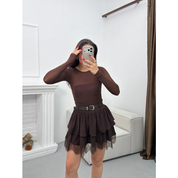 Dantel Detay Kemerli ETek - KAHVE