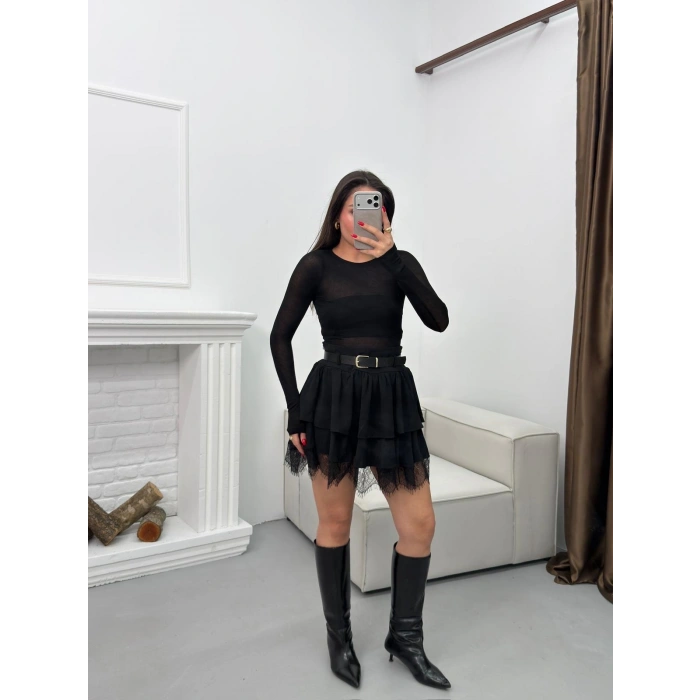 Dantel Detay Kemerli ETek - SİYAH