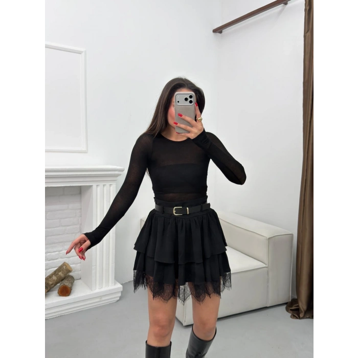 Dantel Detay Kemerli ETek - SİYAH