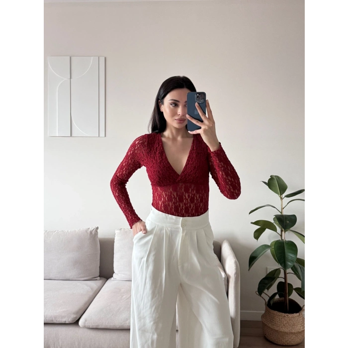 Dantel V Yaka Bodysuit - BORDO