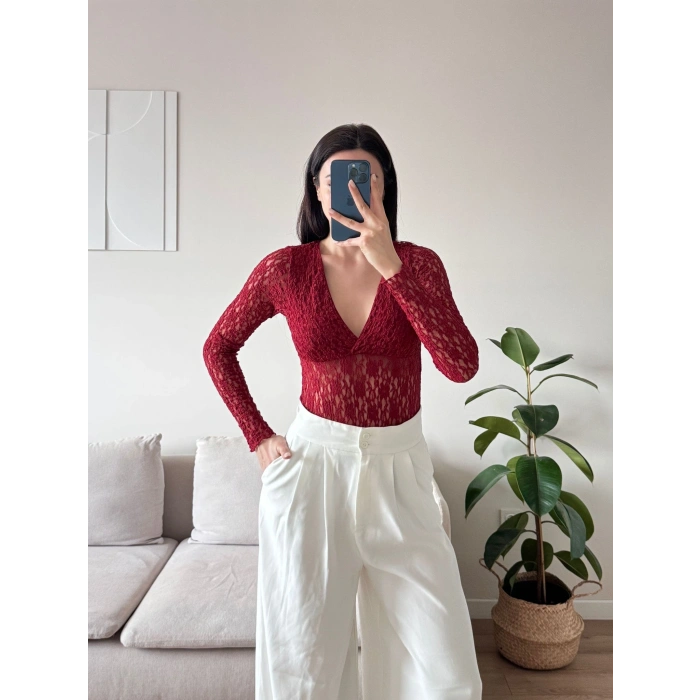 Dantel V Yaka Bodysuit - BORDO