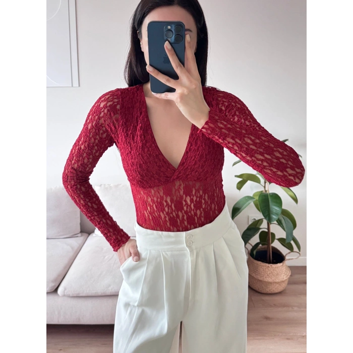 Dantel V Yaka Bodysuit - BORDO