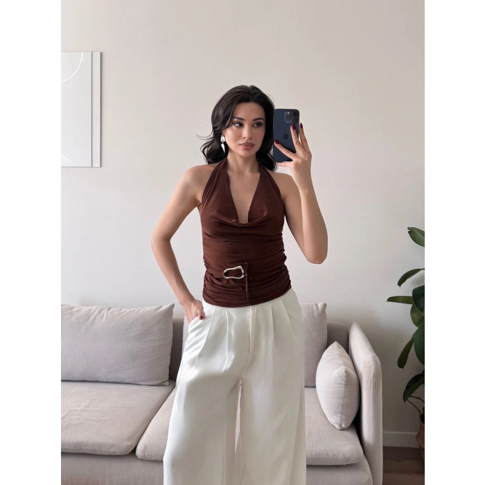 Degaje Yaka Aksesuar Crop - KAHVE