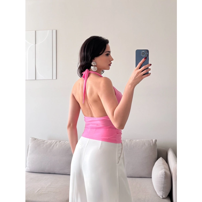 Degaje Yaka Aksesuar Crop - PEMBE