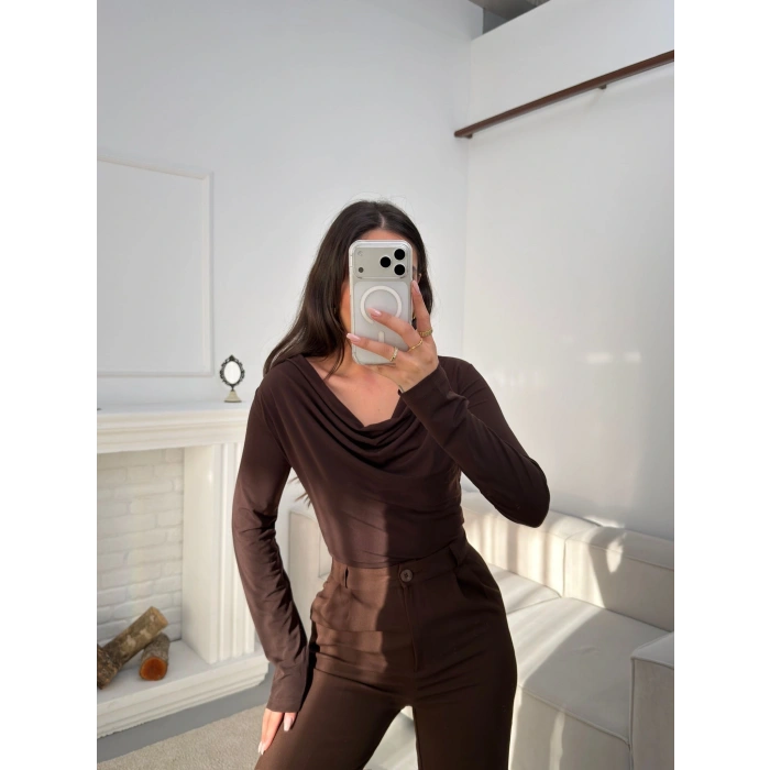 Degaje Yaka Bluz - KAHVE