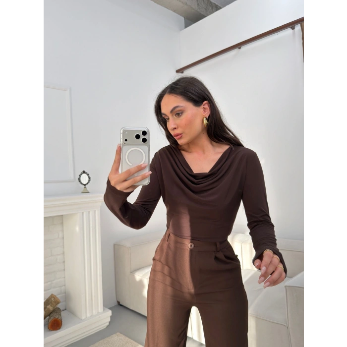 Degaje Yaka Bluz - KAHVE