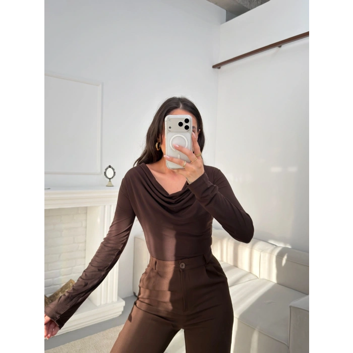 Degaje Yaka Bluz - KAHVE