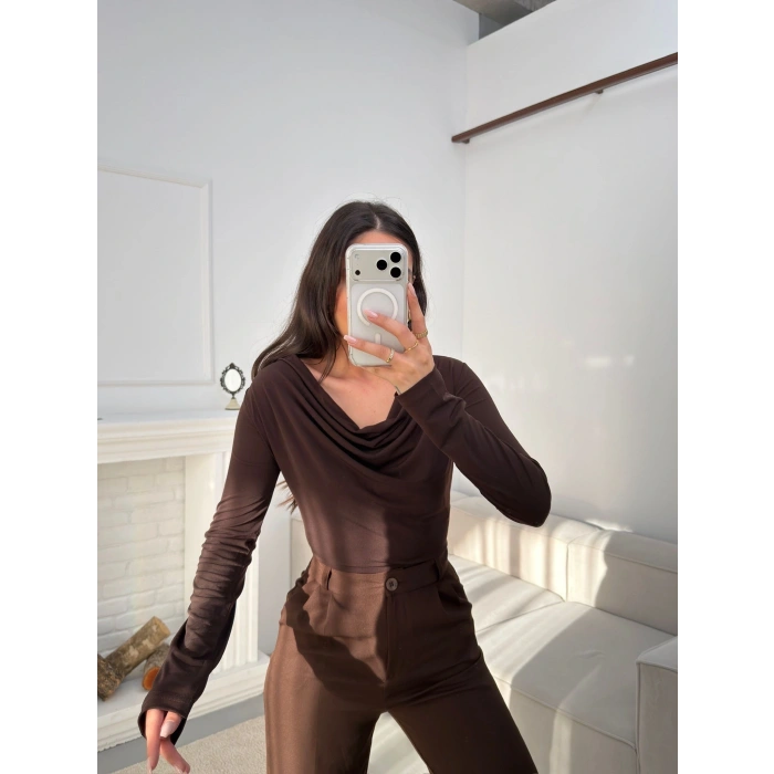 Degaje Yaka Bluz - KAHVE