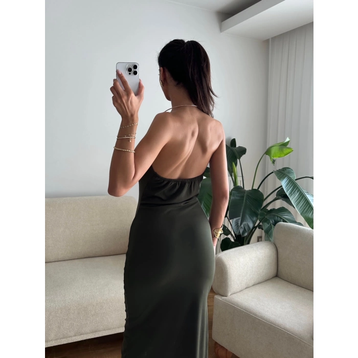 Degaje Yaka Boyun Aksesuar Elbise - HAKİ