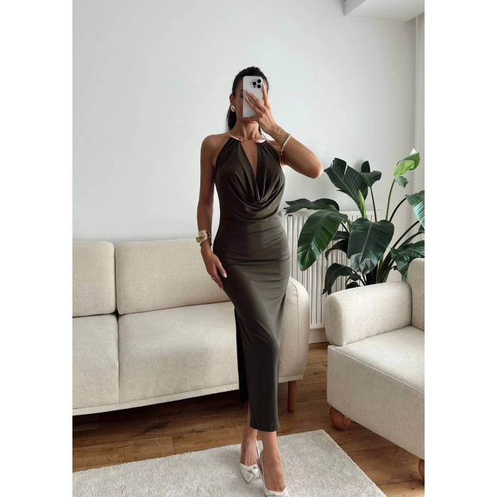 Degaje Yaka Boyun Aksesuar Elbise - HAKİ