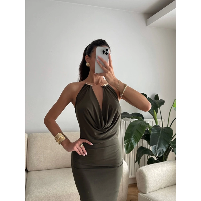 Degaje Yaka Boyun Aksesuar Elbise - HAKİ