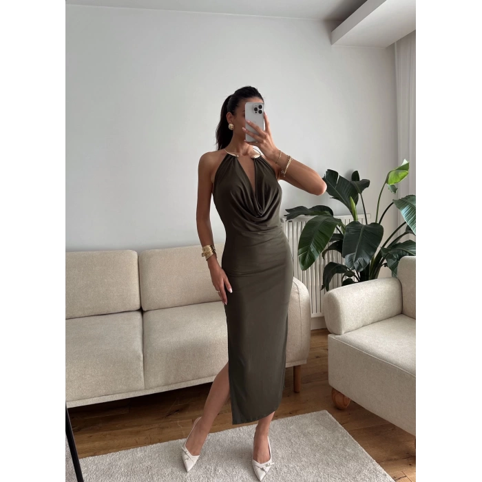Degaje Yaka Boyun Aksesuar Elbise - HAKİ