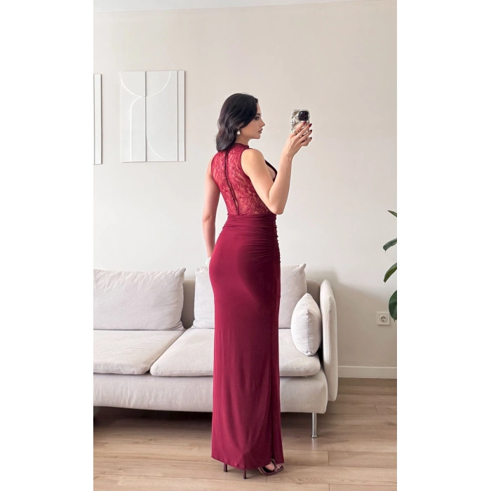 Degaje Yaka Dantel Detay Elbise - BORDO