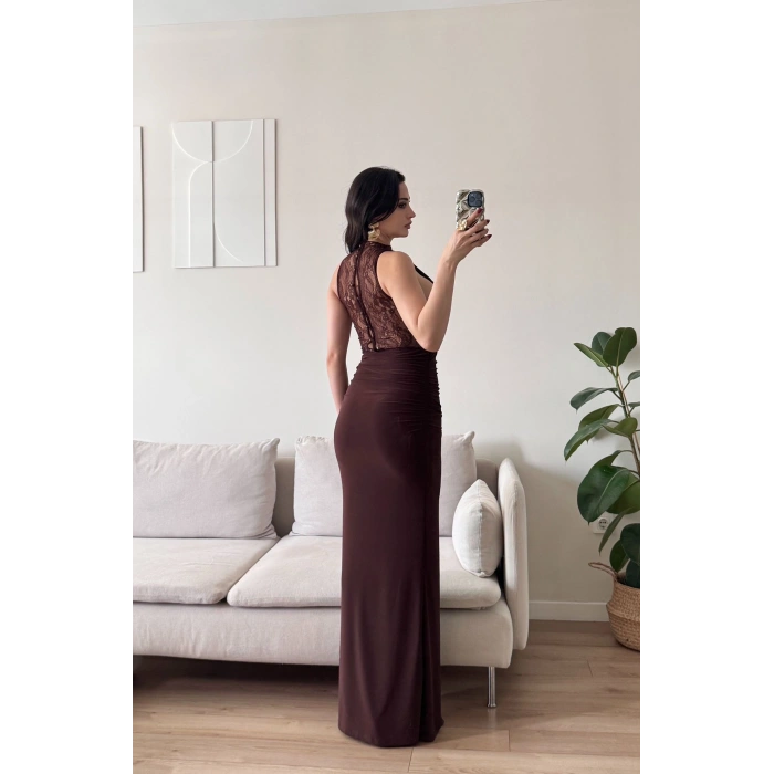 Degaje Yaka Dantel Detay Elbise - KAHVE