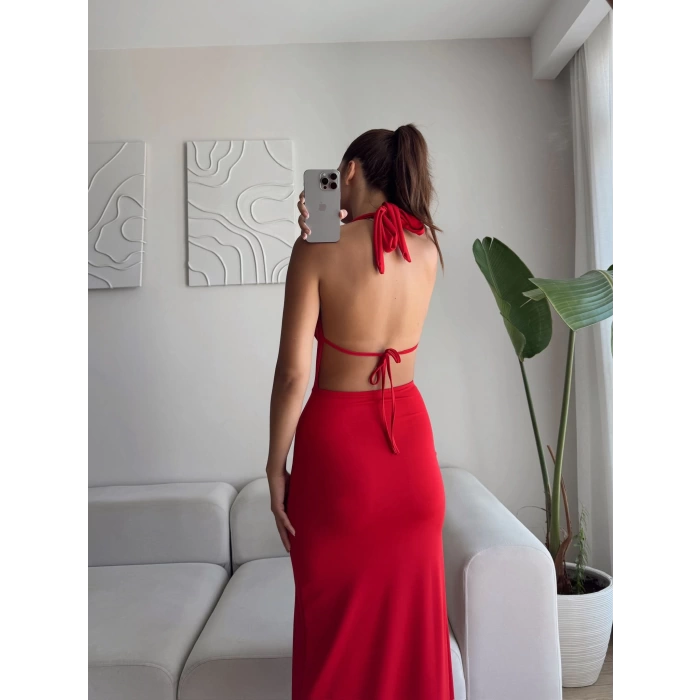 Degaje Yaka Derin Yırtmaç Elbise - KIRMIZI