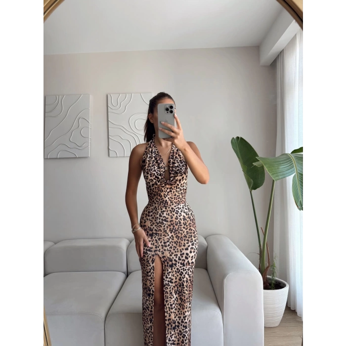 Degaje Yaka Derin Yırtmaç Elbise - LEOPAR