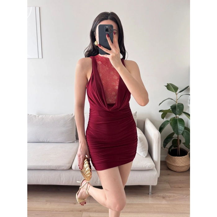 Degaje Yaka Mini Elbise - BORDO