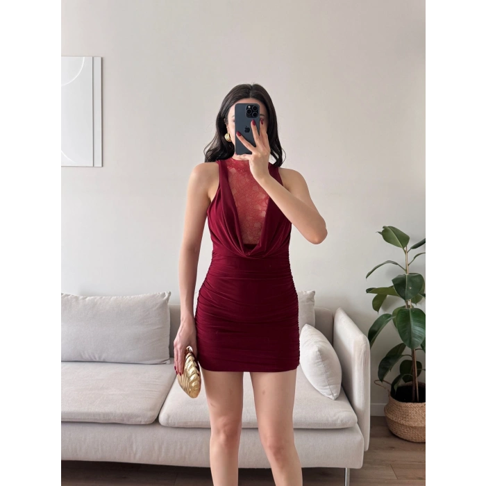 Degaje Yaka Mini Elbise - BORDO