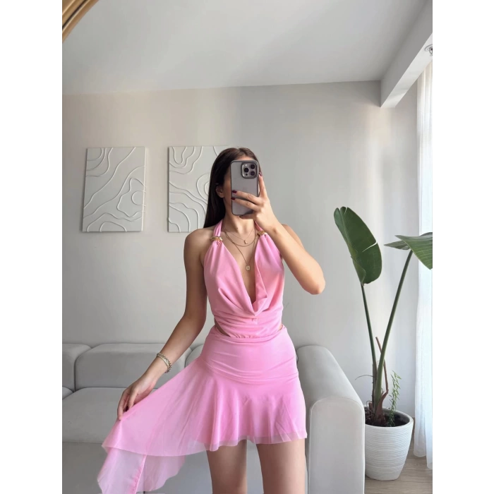 Degaje Yaka Tasarım Elbise - PEMBE