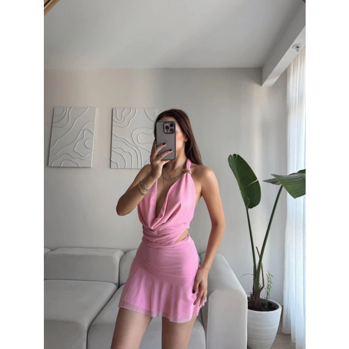Degaje Yaka Tasarım Elbise - PEMBE