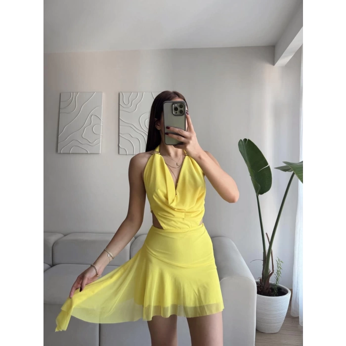 Degaje Yaka Tasarım Elbise - SARI