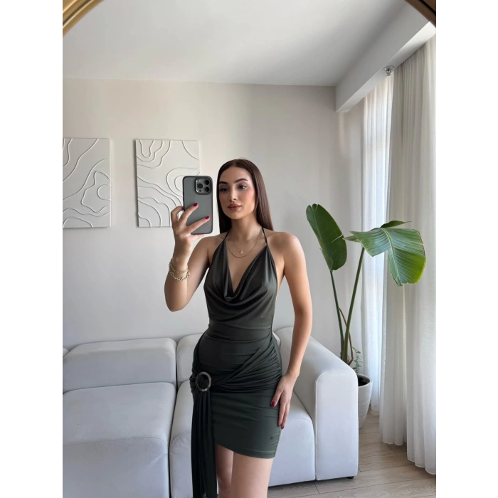 Degaje Yaka Tokalı Elbise - HAKİ