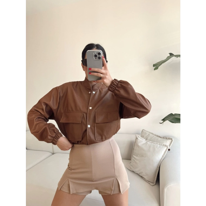 Deri Bomber Ceket-KAHVE
